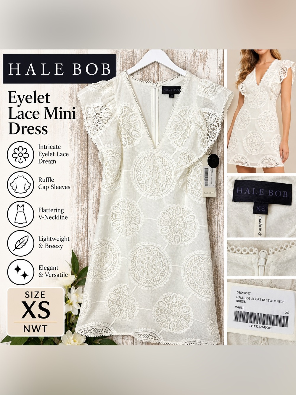 Hale Bob White Eyelet Crochet Lace Medallion Mini Dress Size XS NWT